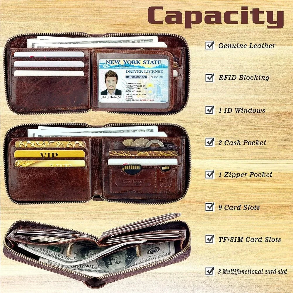 Men's Genuine Leather Dark Brown Short Zip Around Pockets Bifold Wallet Card